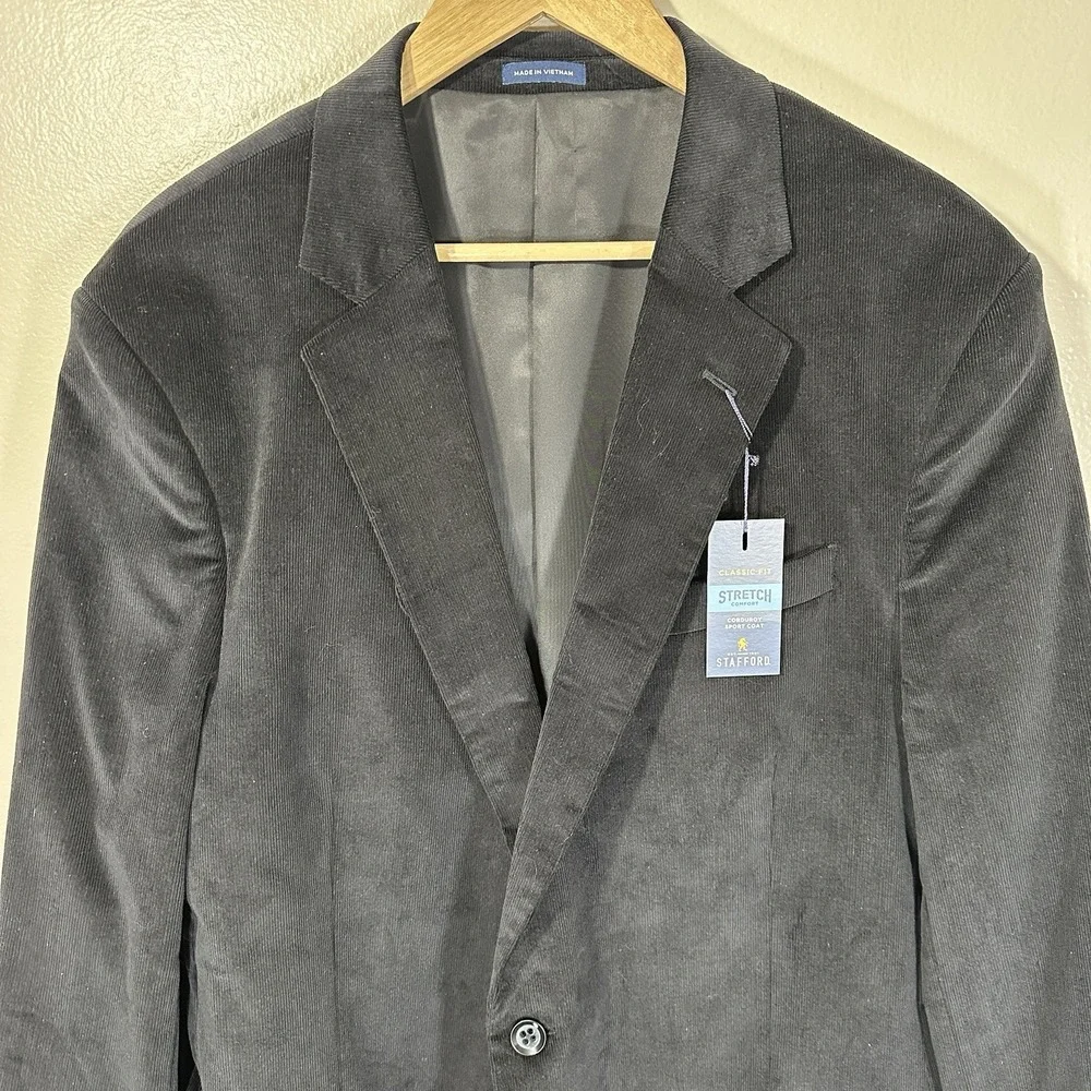 Stafford Mens 48L‎ Classic Fit Black Corduroy Sport Coat Blazer Jacket NEW